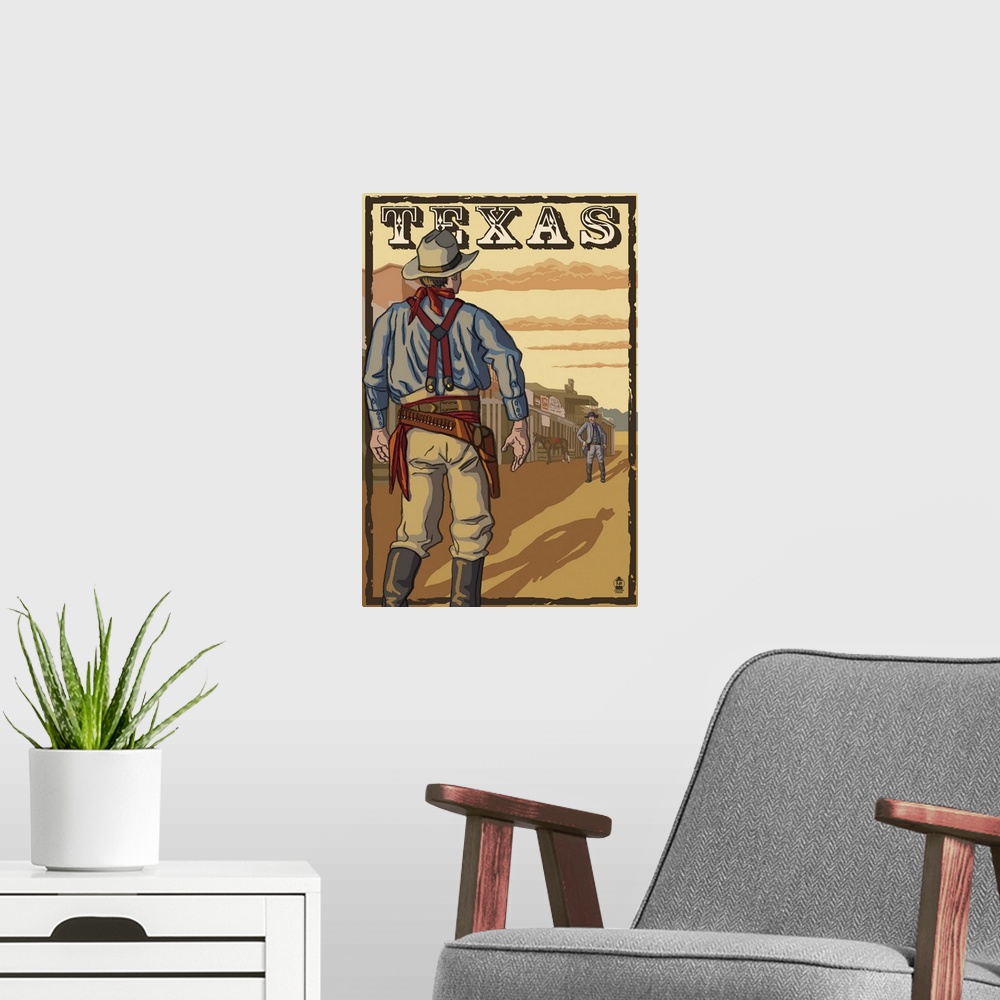 A modern room featuring Texas Cowboy Standoff: Retro Travel Poster