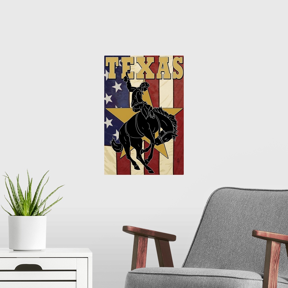 A modern room featuring Texas - Cowboy with Bucking Bronco: Retro Travel Poster