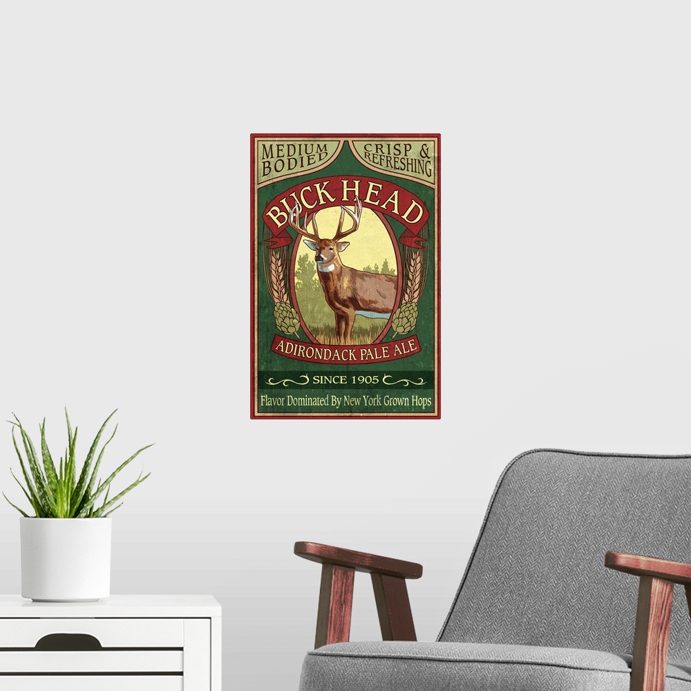 A modern room featuring The Adirondacks, New York State - Buck Head Ale Vintage Sign: Retro Travel Poster