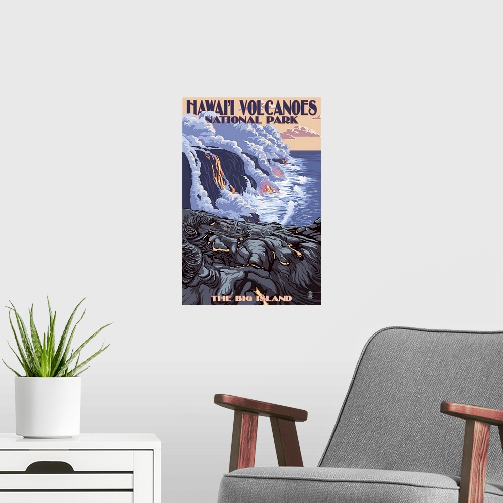 A modern room featuring Retro stylized art poster of lava flow from a volcano spilling into the ocean.