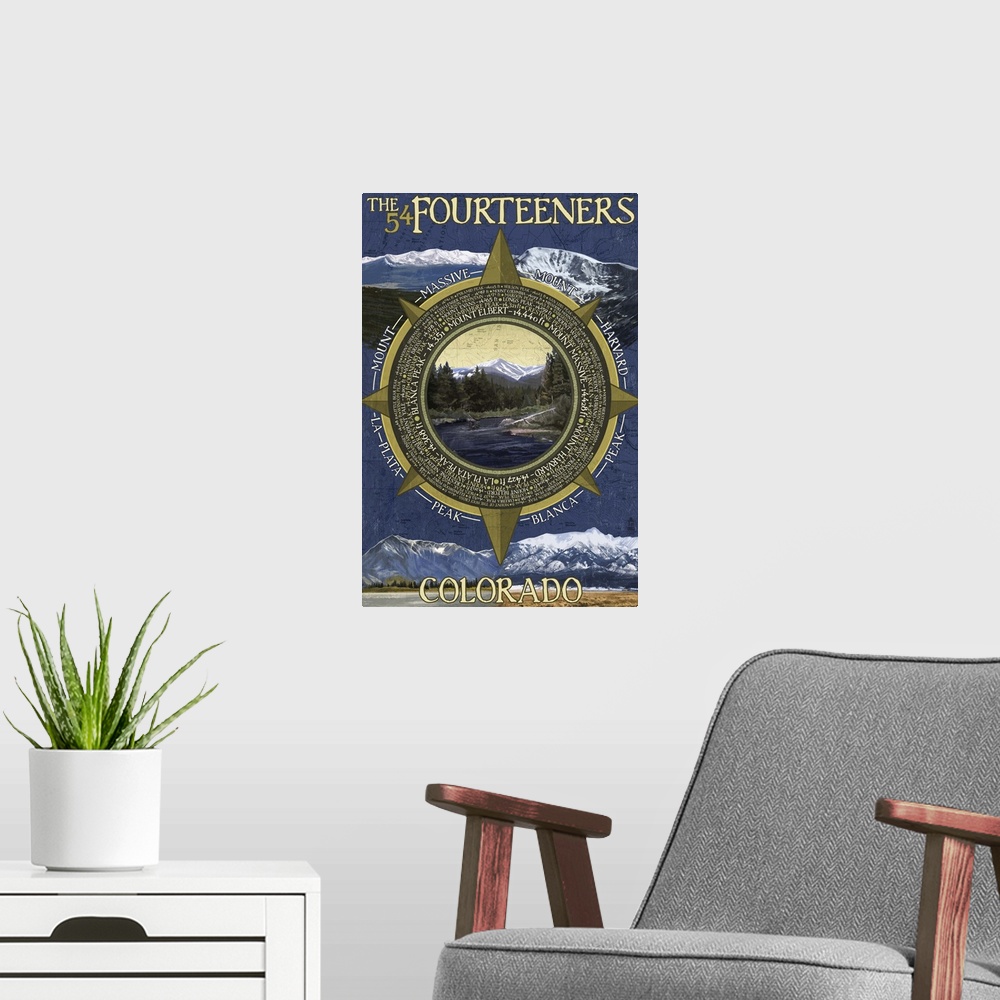 A modern room featuring Retro stylized art poster of a compass with a wilderness mountain scene in it.