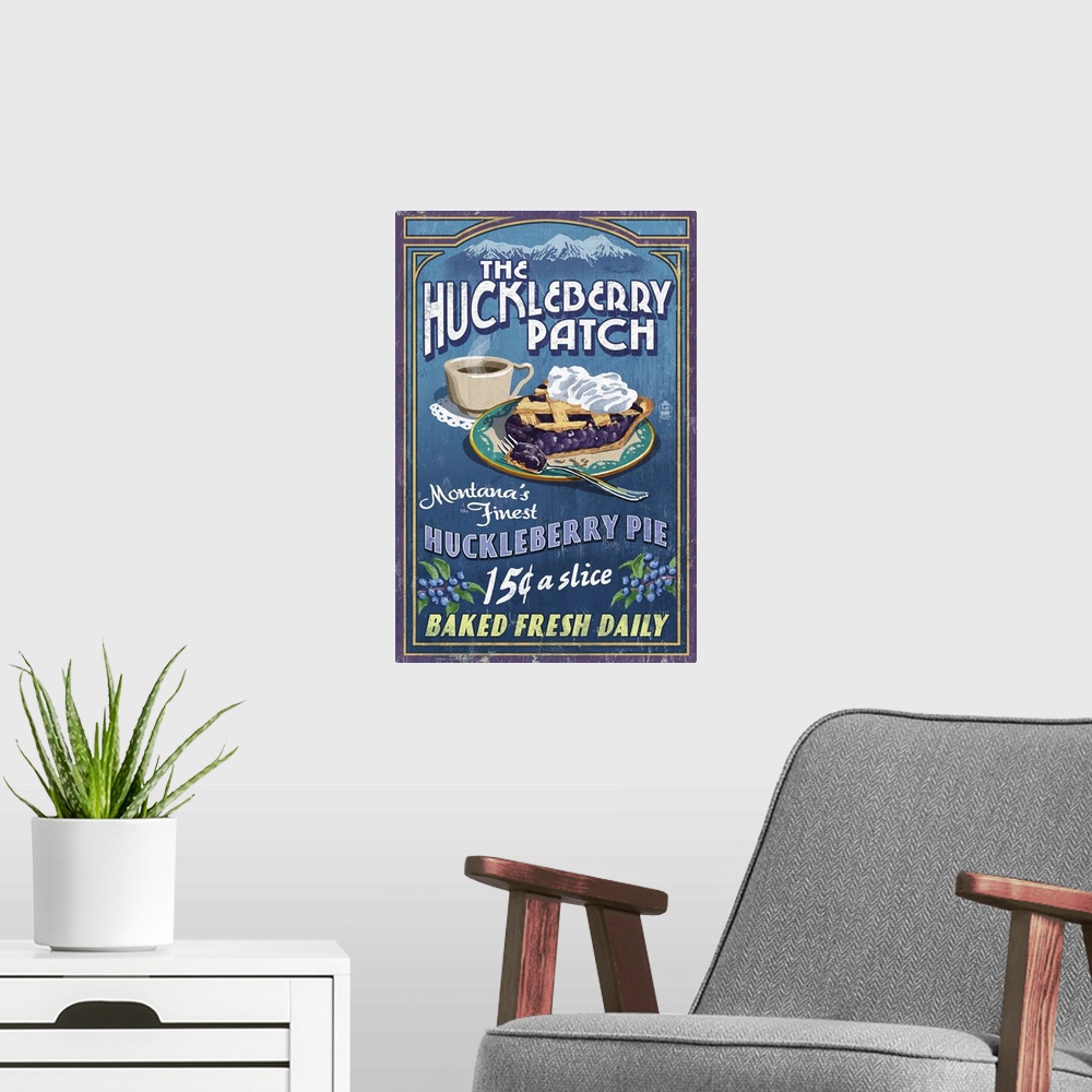 A modern room featuring Retro stylized art poster of a vintage sign advertising a slice of huckleberry pie and cup of cof...