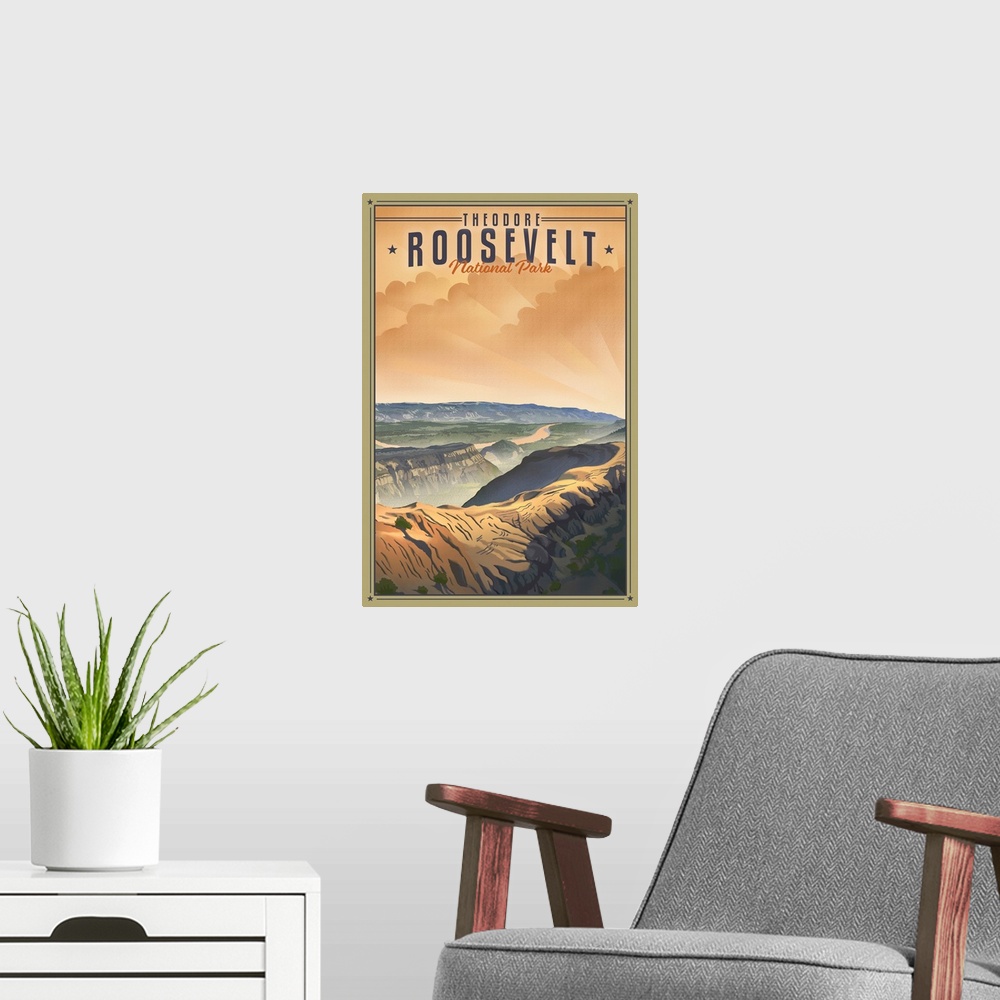 A modern room featuring Theodore Roosevelt National Park, Natural Landscape: Retro Travel Poster
