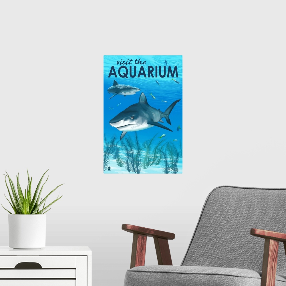 A modern room featuring Retro stylized art poster of two sharks swimming in clear blue water.