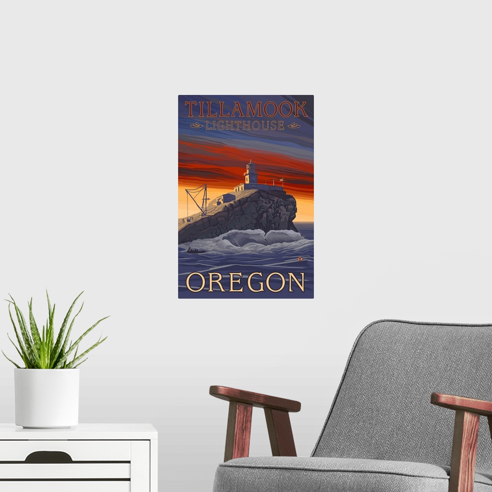 A modern room featuring Tillamook Lighthouse - Oregon Coast: Retro Travel Poster