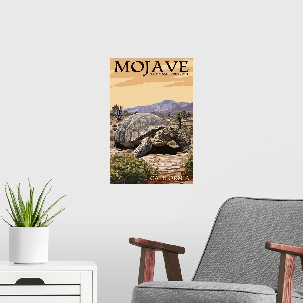 A modern room featuring Tortoise - Mojave National Preserve, California: Retro Travel Poster