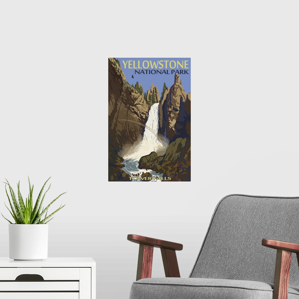 A modern room featuring Tower Falls - Yellowstone National Park: Retro Travel Poster