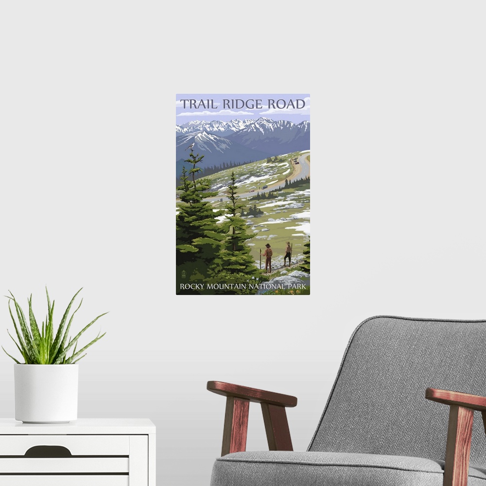 A modern room featuring Trail Ridge Road - Rocky Mountain National Park: Retro Travel Poster