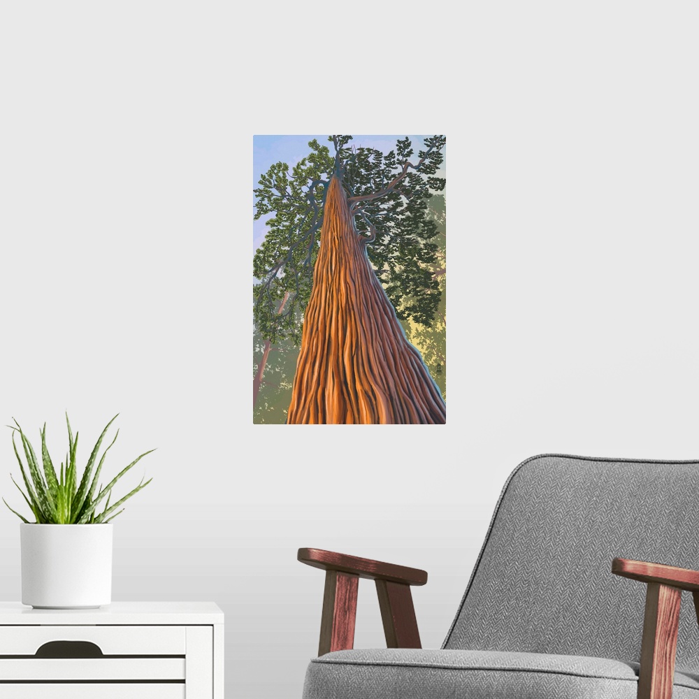 A modern room featuring Tree Looking Up: Retro Travel Poster