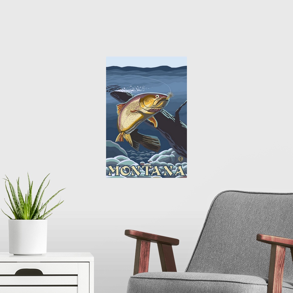 A modern room featuring Trout Fishing Cross-Section - Montana: Retro Travel Poster
