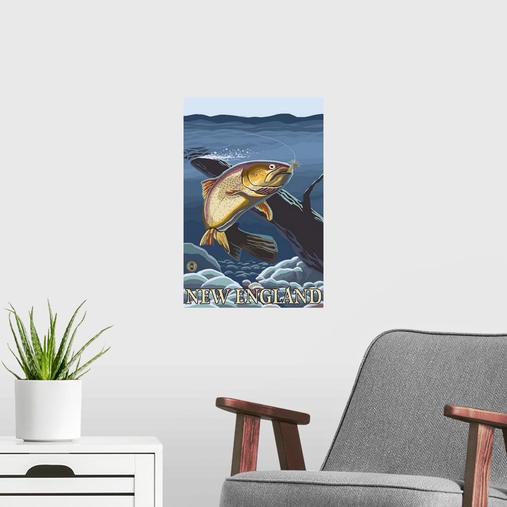 A modern room featuring Trout in Stream - New England: Retro Travel Poster