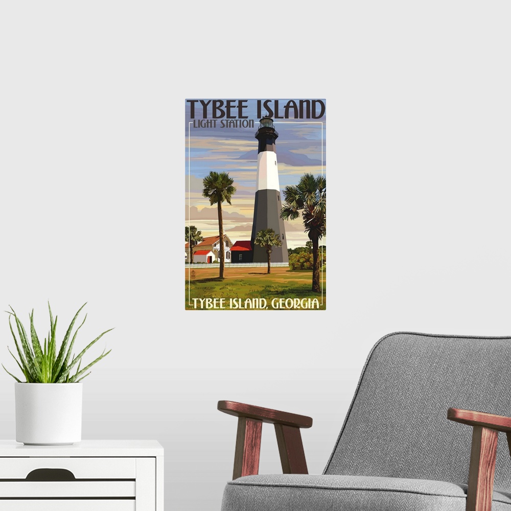 A modern room featuring Retro stylized art poster of a lighthouse surrounded by palm trees.