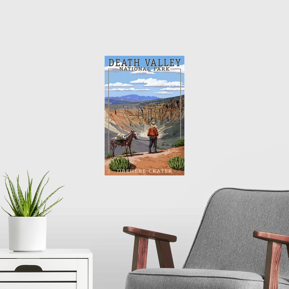 A modern room featuring Retro stylized art poster of a man and a donkey overlooking a desert valley.