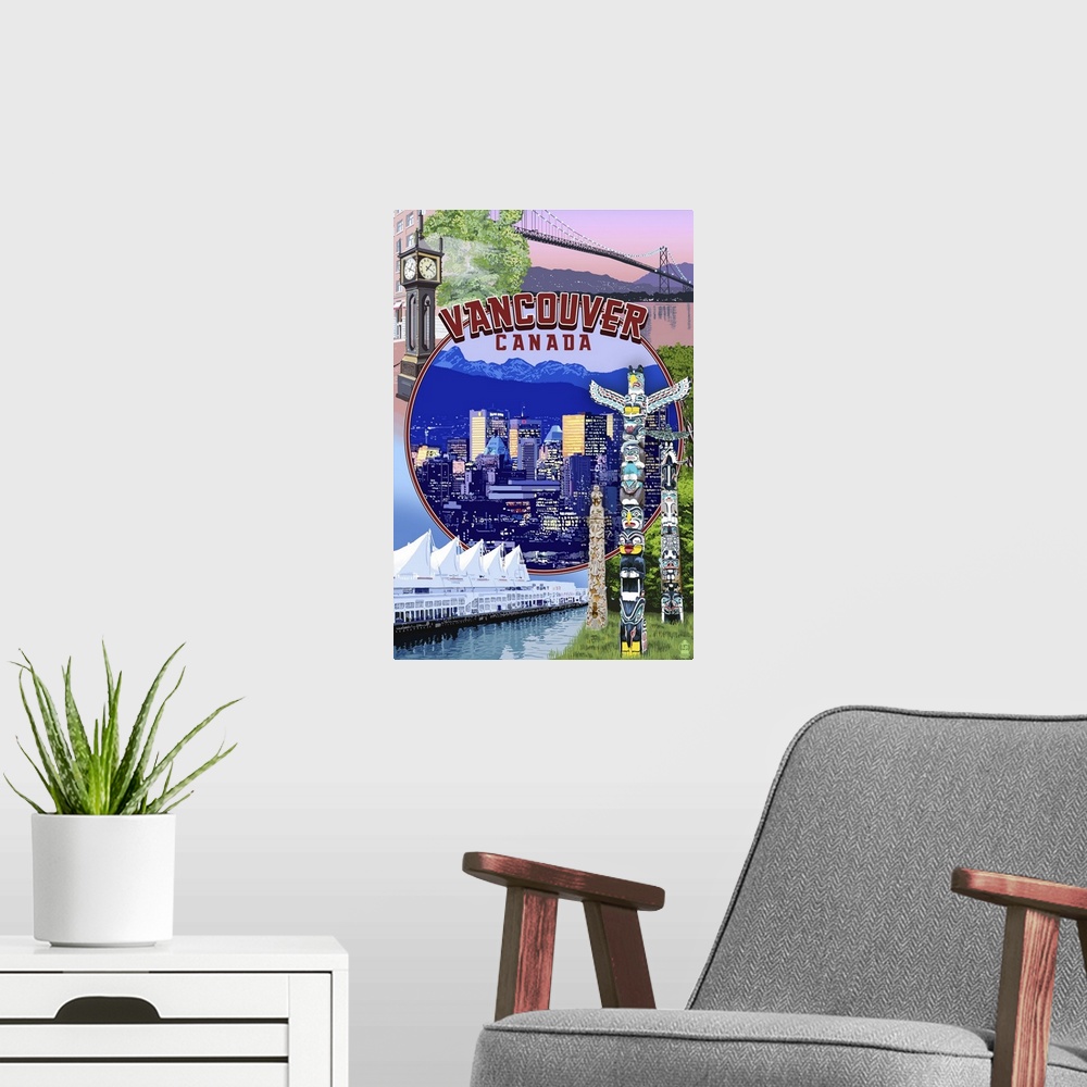 A modern room featuring Retro stylized art poster of a montage of images, with a city skyline in the center on the image....