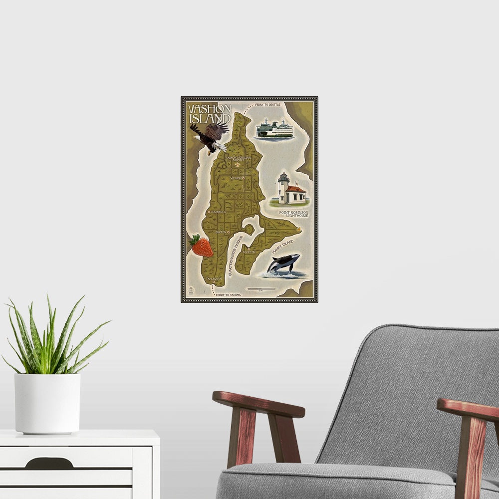 A modern room featuring Stylized art poster showing scenes from the local area around a map of Vashon Island.