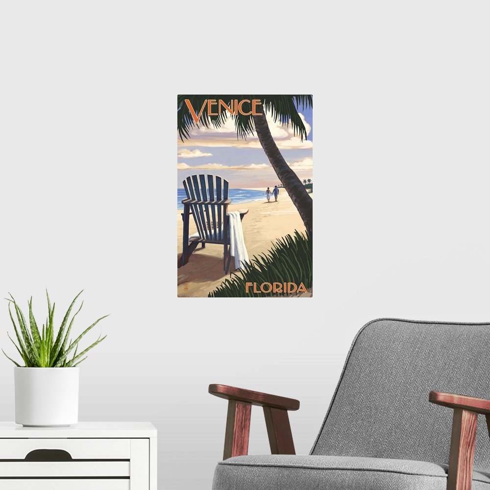 A modern room featuring Venice, Florida - Adirondack Chair on the Beach: Retro Travel Poster