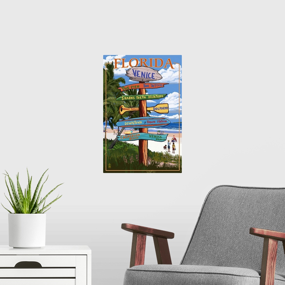 A modern room featuring Venice, Florida - Sign Post: Retro Travel Poster