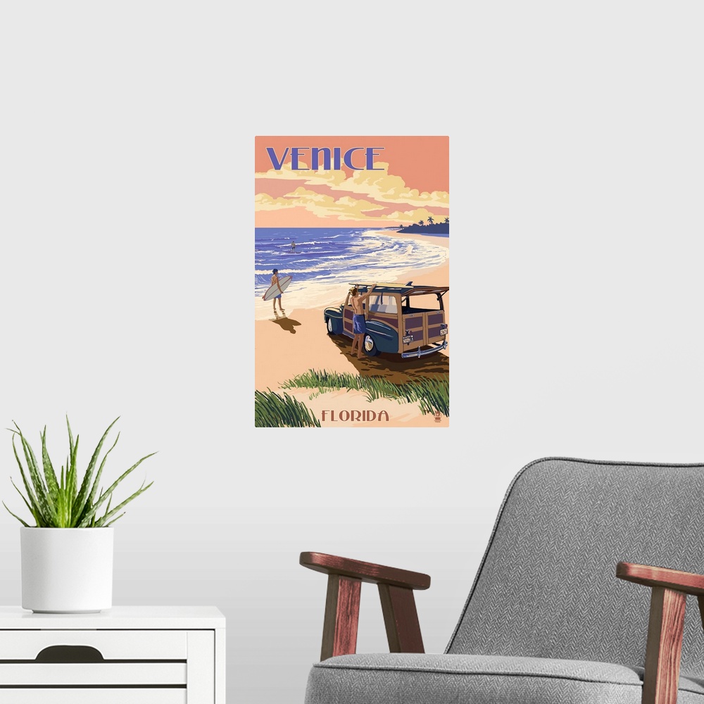 A modern room featuring Venice, Florida - Woody On The Beach: Retro Travel Poster