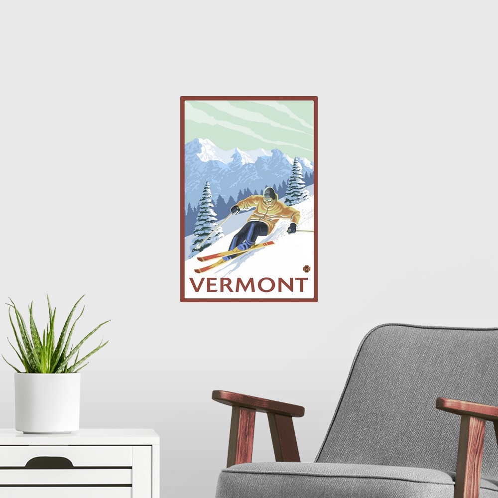 A modern room featuring Vermont - Downhill Skier Scene: Retro Travel Poster