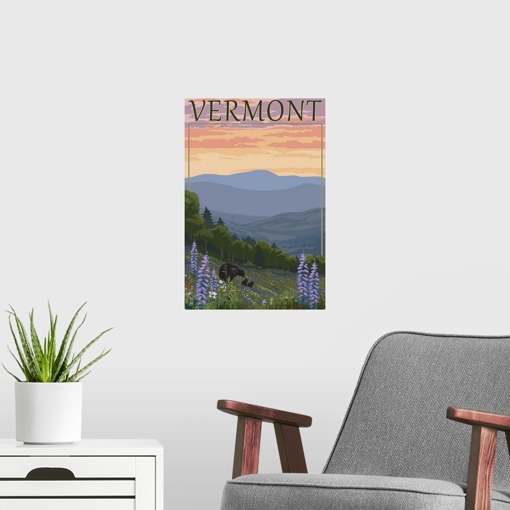 A modern room featuring Vermont - Spring Flowers and Bear Family: Retro Travel Poster