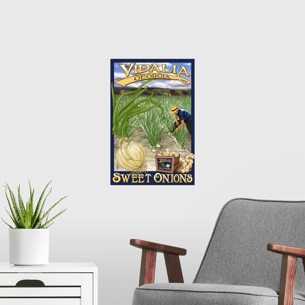 A modern room featuring Retro stylized art poster of a farmer harvesting sweet onions from a landscape of crops.