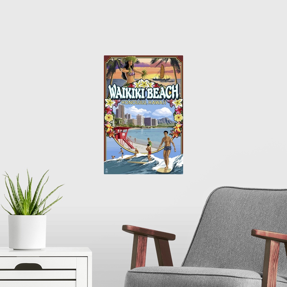 A modern room featuring Waikiki Beach, Oahu, Hawaii - Scenes: Retro Travel Poster