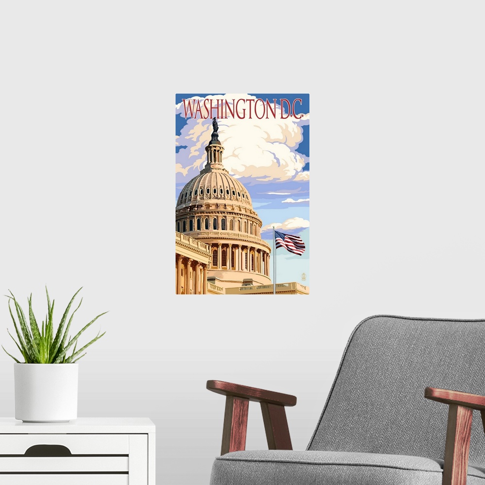 A modern room featuring Washington, DC - Capitol Building: Retro Travel Poster