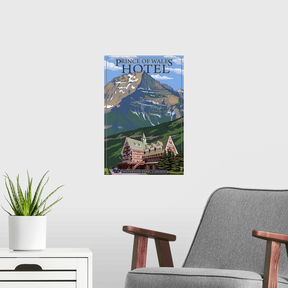 A modern room featuring Waterton Lakes National Park, Canada - Prince of Wales Hotel: Retro Travel Poster