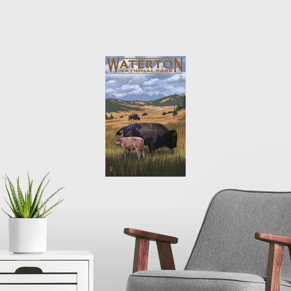 A modern room featuring Retro stylized art poster of a mother bison and calf grazing on wide open plains.