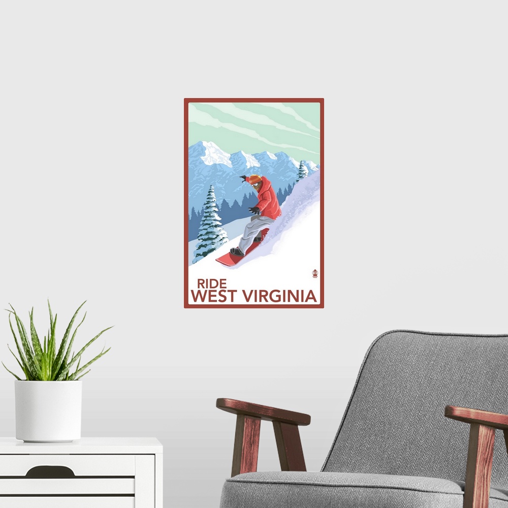 A modern room featuring West Virginia - Snowboarder: Retro Travel Poster