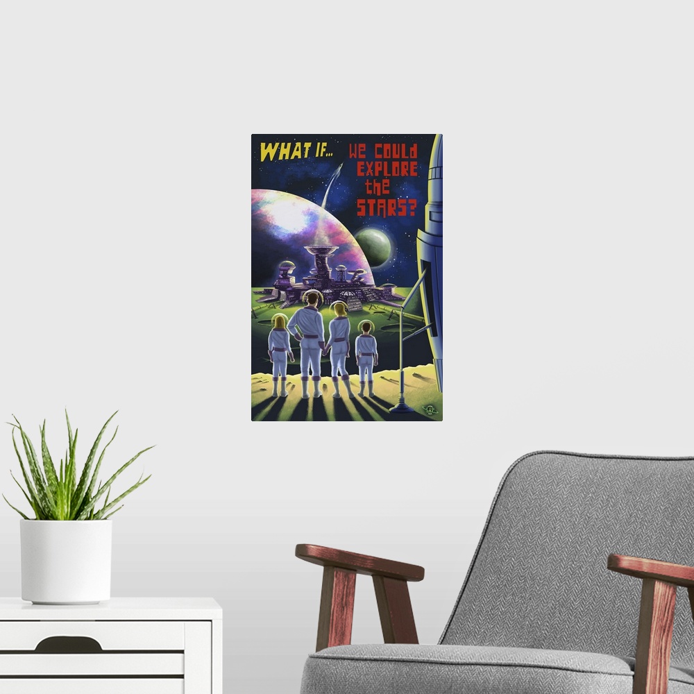 A modern room featuring What If We Could Explore The Stars: Retro Poster Art