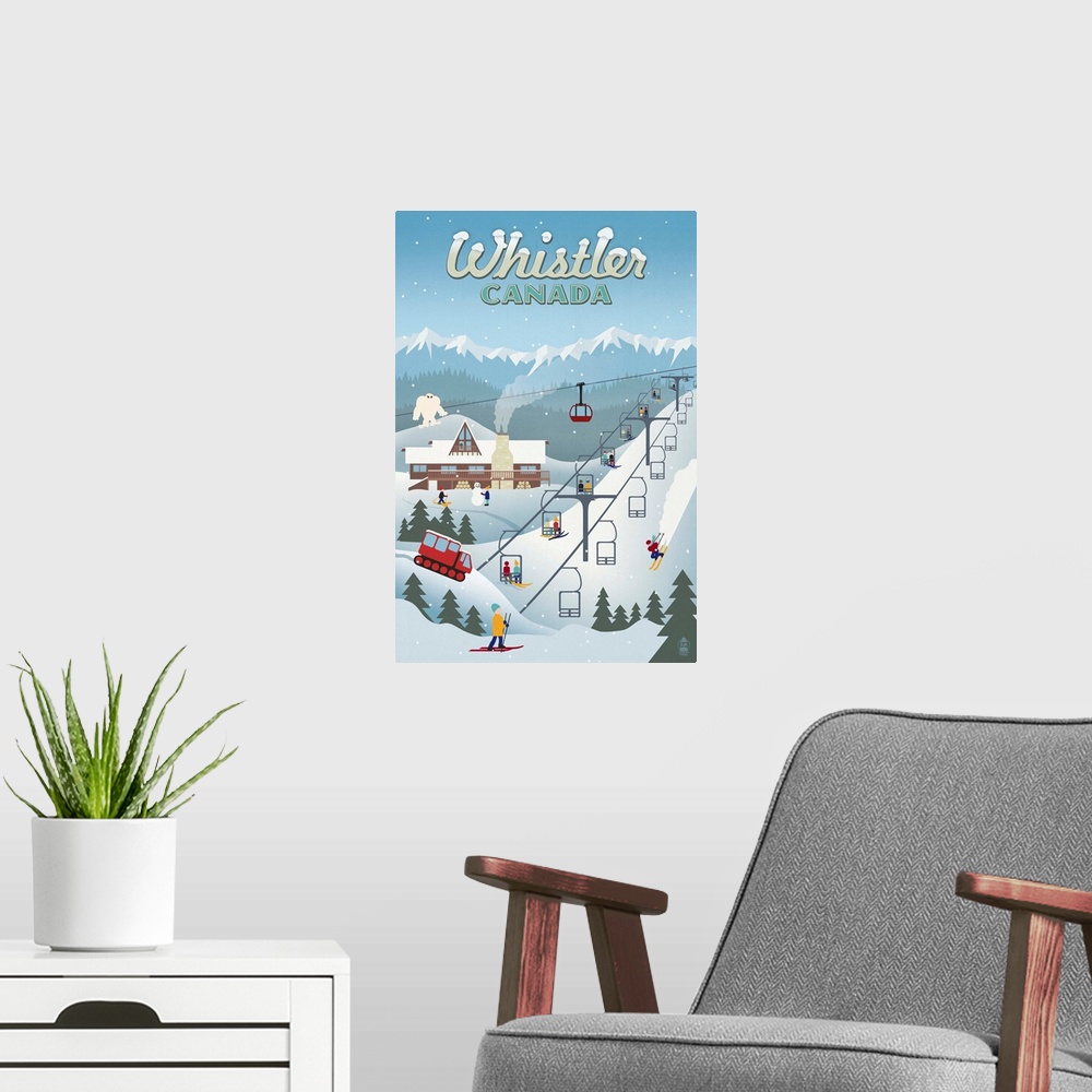 A modern room featuring Whistler Village Retro Scene - Whistler, Canada: Retro Travel Poster