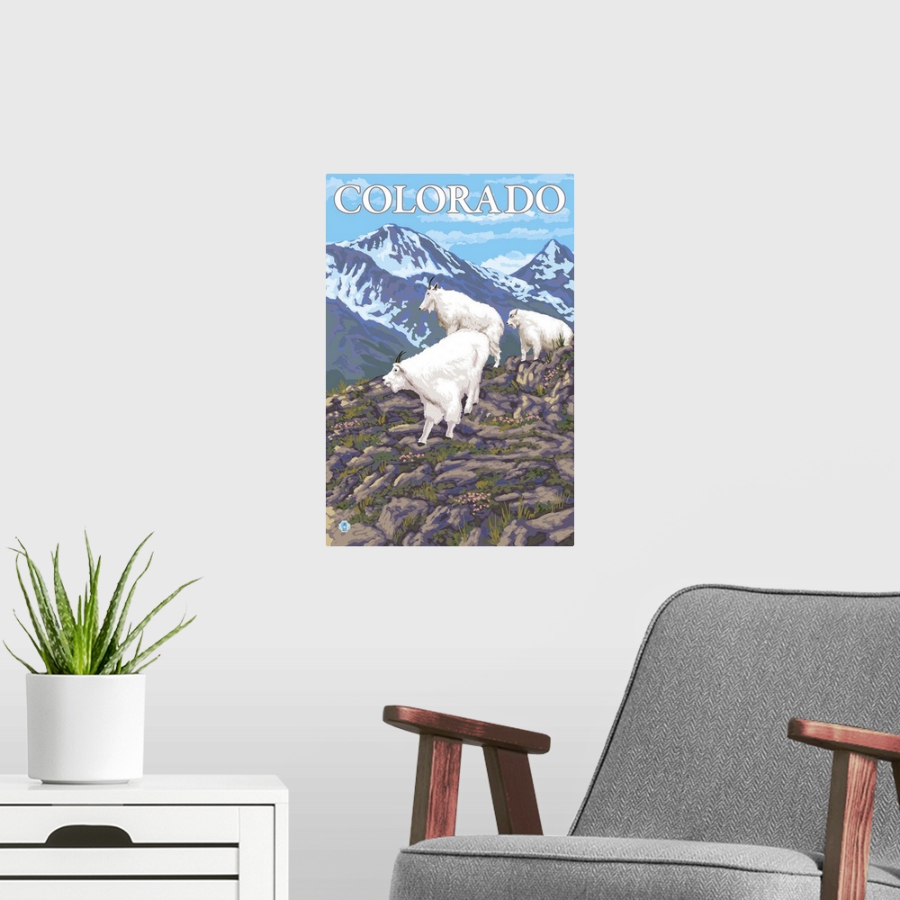 A modern room featuring White Mountain Goat Family - Colorado: Retro Travel Poster