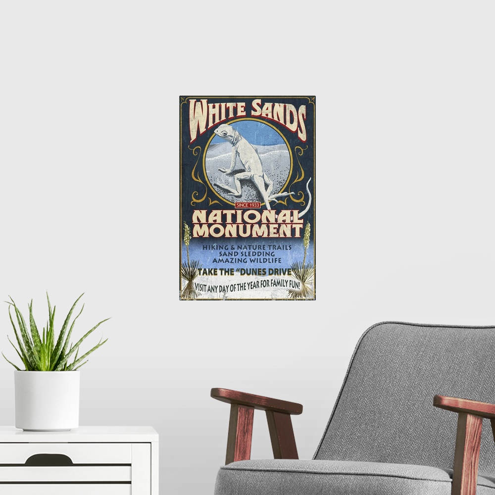 A modern room featuring White Sands National Monument, New Mexico - Lizard Vintage Sign: Retro Travel Poster