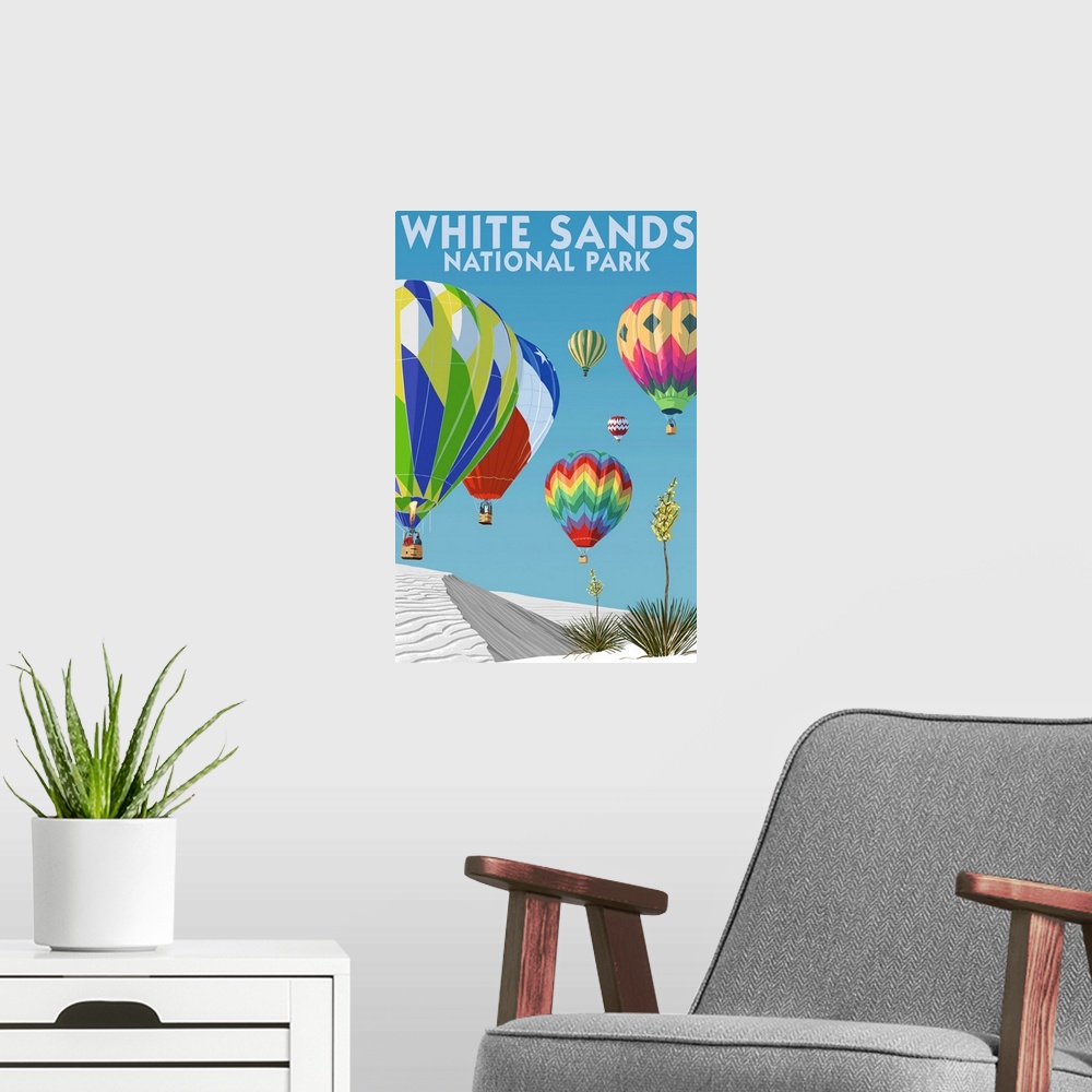 A modern room featuring White Sands National Park, Hot Air Balloons: Retro Travel Poster