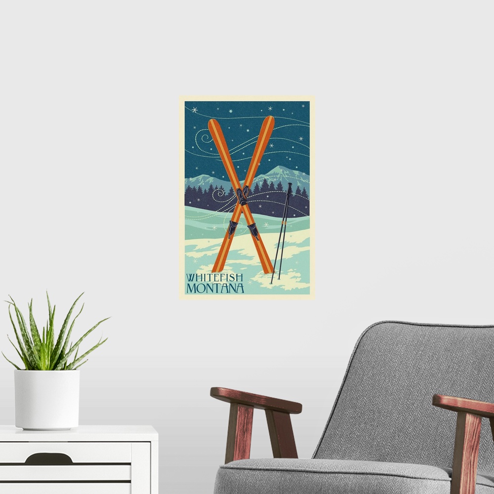 A modern room featuring Whitefish, Montana - Crossed Skis - Letterpress: Retro Travel Poster