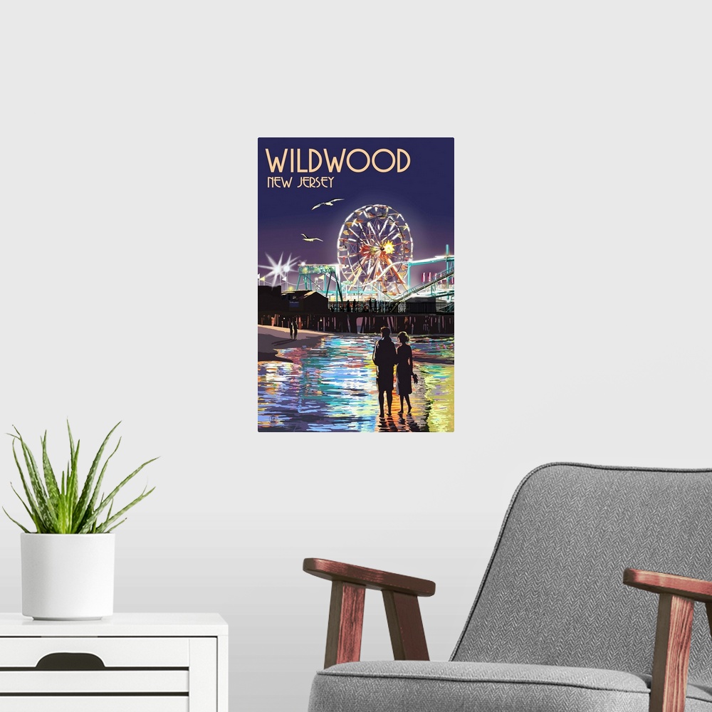 A modern room featuring Wildwood, New Jersey - Pier and Rides at Night: Retro Travel Poster