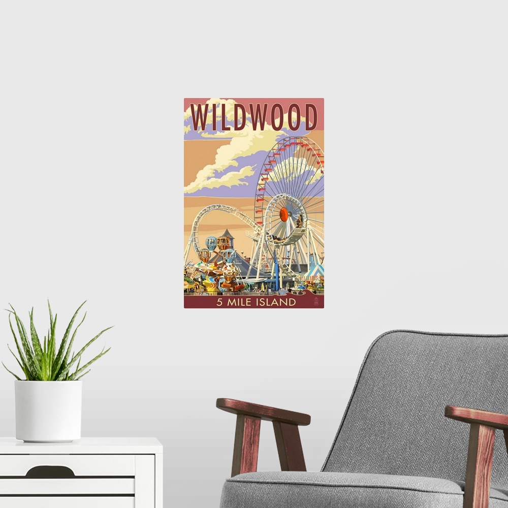 A modern room featuring Wildwood, New Jersey - Pier and Sunset: Retro Travel Poster