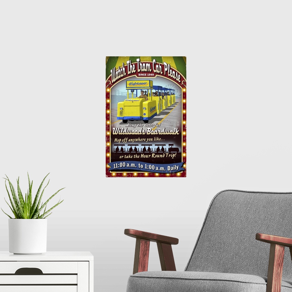 A modern room featuring Wildwood, New Jersey - Tram Car Sign: Retro Travel Poster