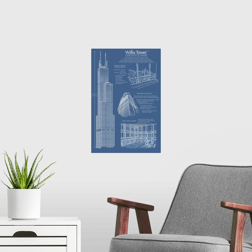 A modern room featuring Willis Tower Blue Print - Chicago, IL: Retro Travel Poster