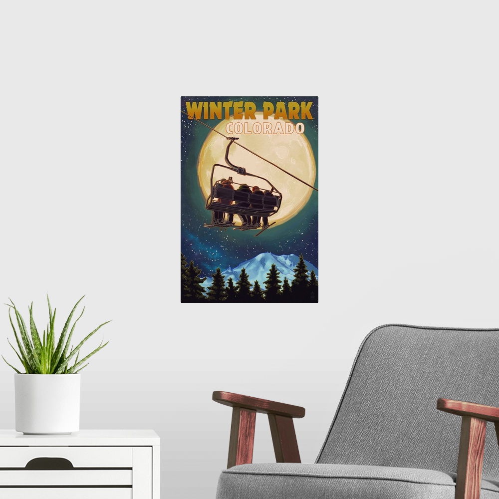 A modern room featuring Winter Park, Colorado - Ski Lift and Full Moon: Retro Travel Poster
