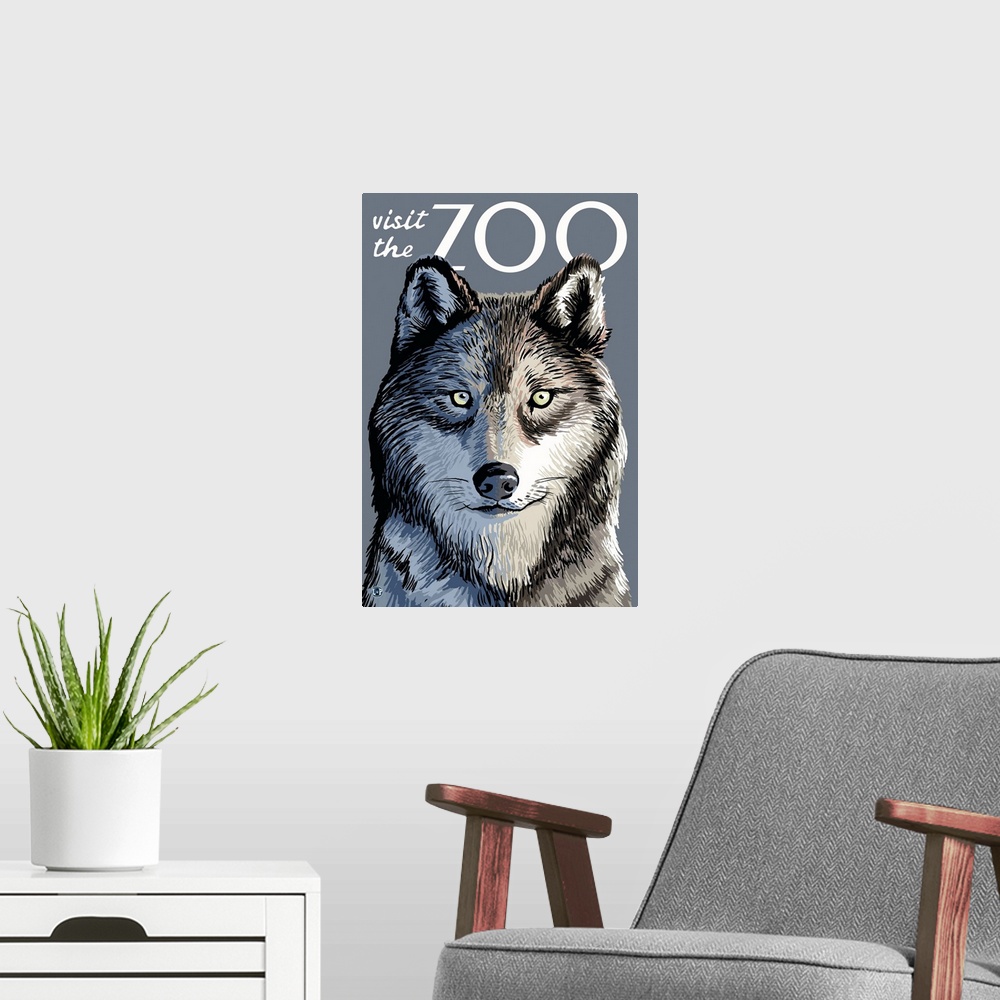 A modern room featuring Wolf Up Close - Visit the Zoo: Retro Travel Poster