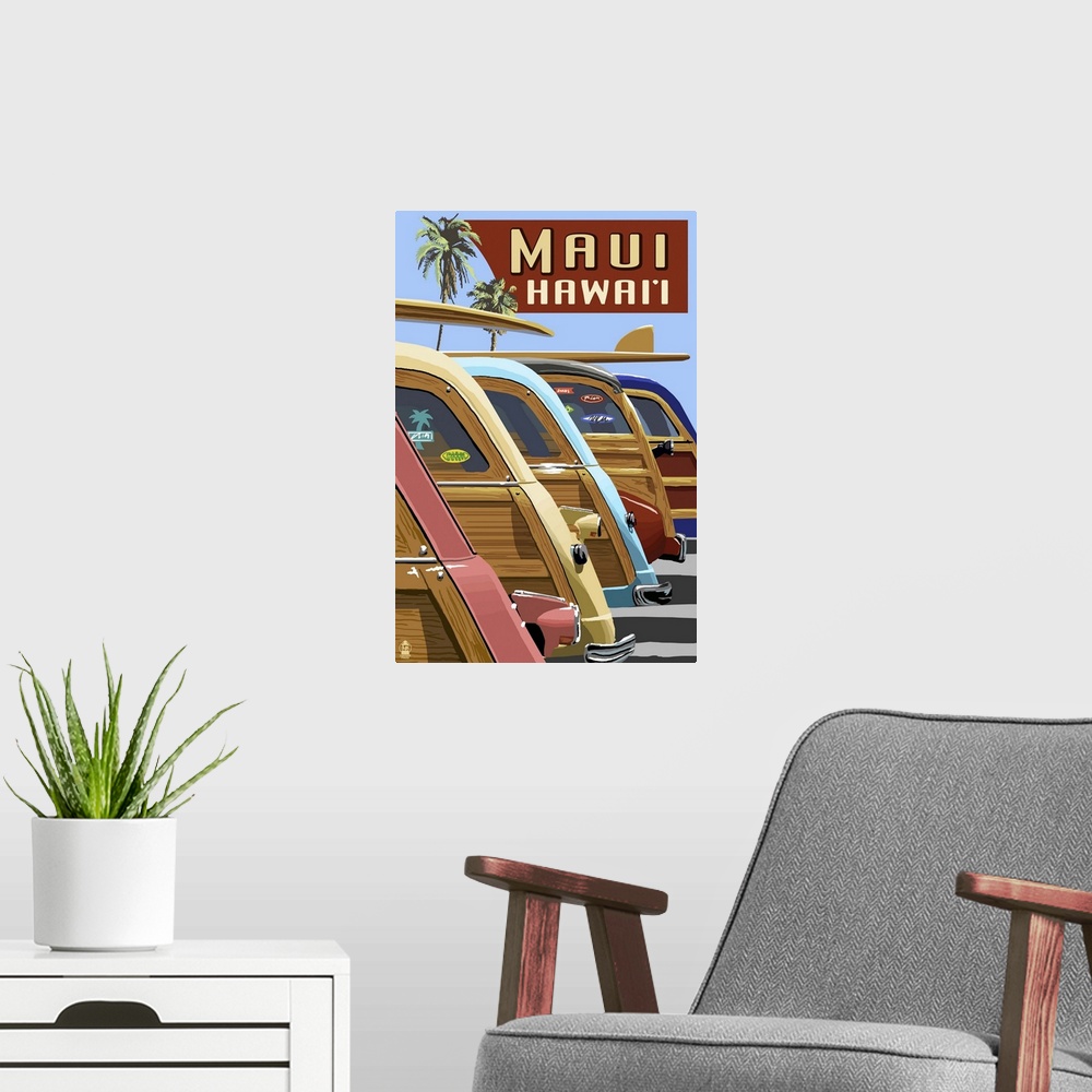 A modern room featuring Woodies Lined Up - Maui, Hawaii: Retro Travel Poster