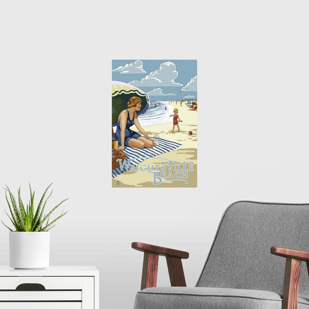 A modern room featuring Wrightsville Beach, NC - Beach Scene: Retro Travel Poster