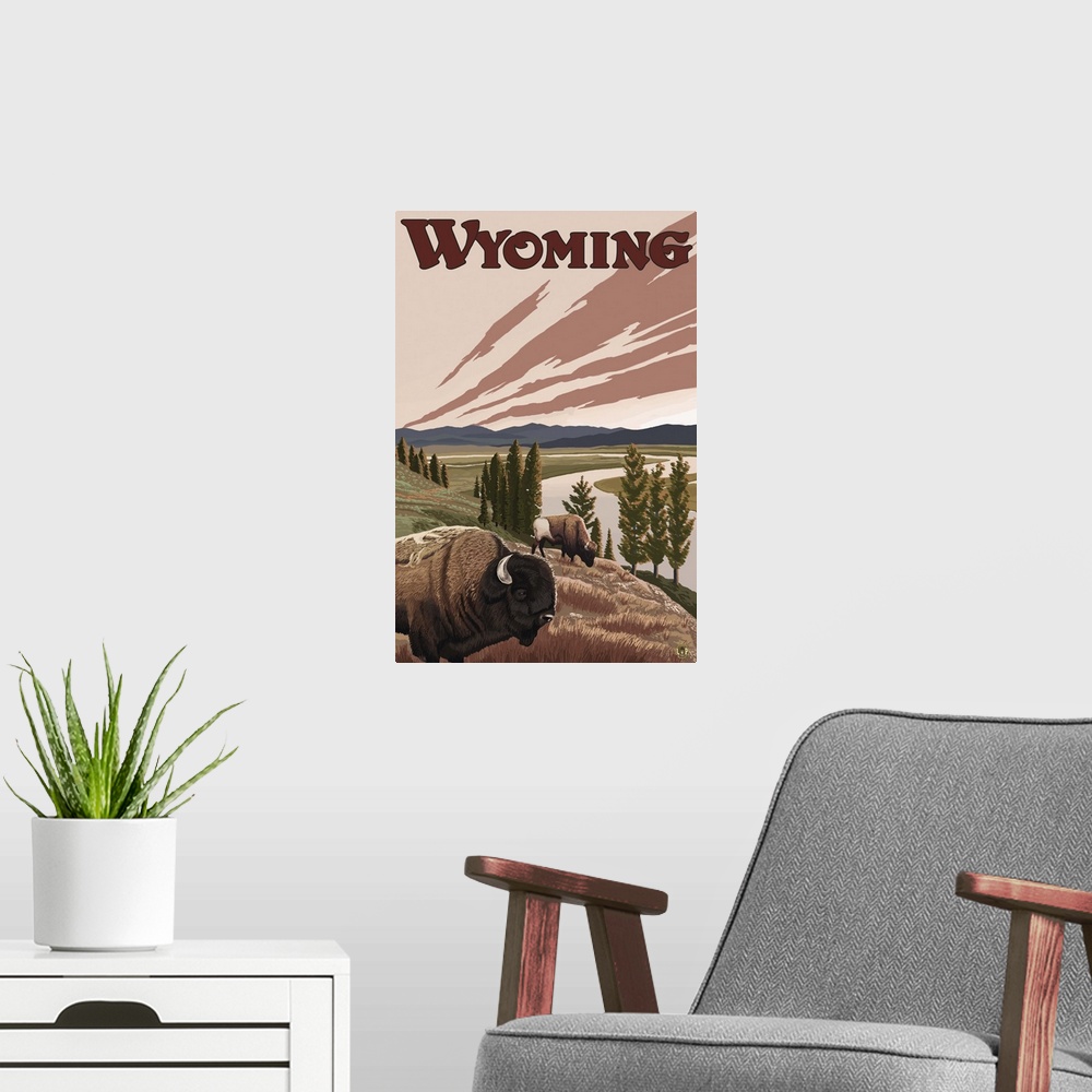 A modern room featuring Wyoming - Yellowstone River Bison: Retro Travel Poster
