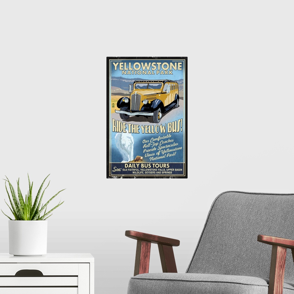A modern room featuring Yellow Bus - Yellowstone National Park - Vintage Sign: Retro Travel Poster