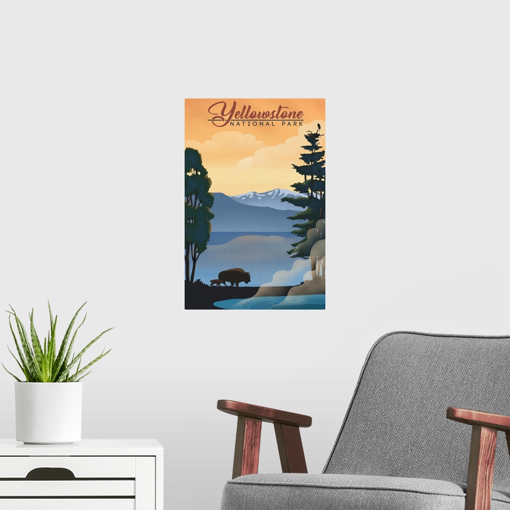 A modern room featuring Yellowstone National Park, Bison And Calf Silhouette: Retro Travel Poster
