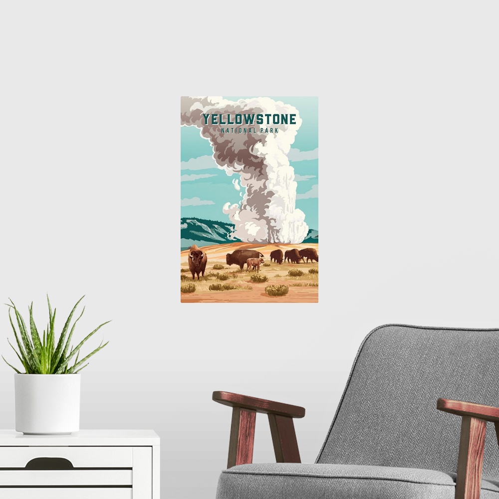 A modern room featuring Yellowstone National Park, Bison Grazing: Retro Travel Poster