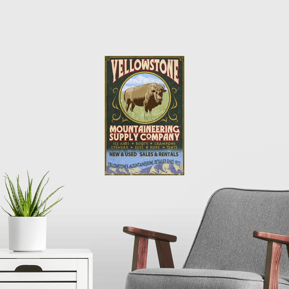 A modern room featuring Yellowstone National Park - Bison Mountaineering Vintage Sign: Retro Travel Poster