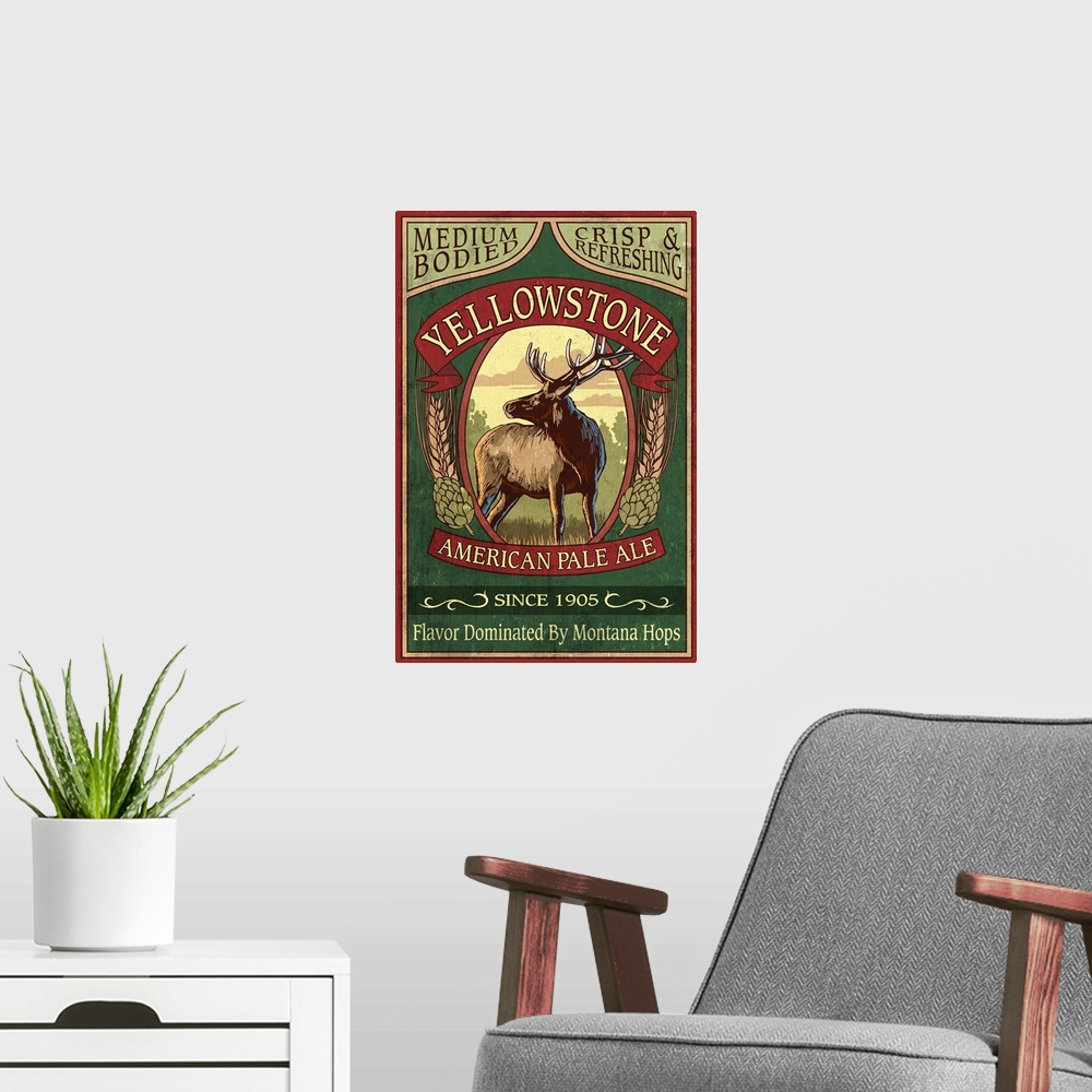 A modern room featuring Retro stylized art poster of a vintage sign with an elk advertising ale.